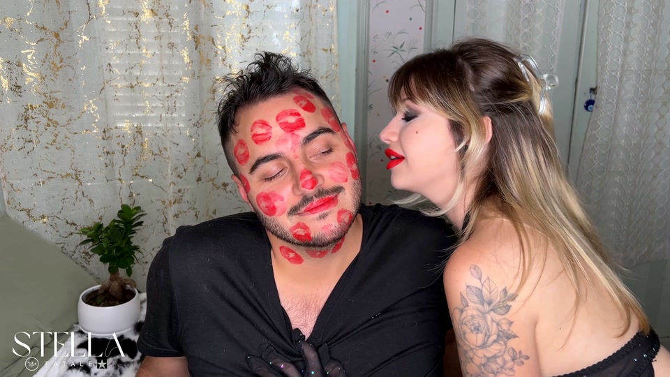 Red Lipstick Kisses Cover His Entire Face