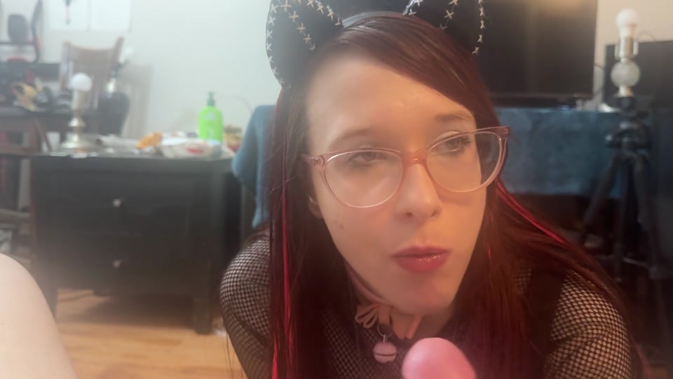 cute teen has a mouthfull of bubblegum along with a big hard cock